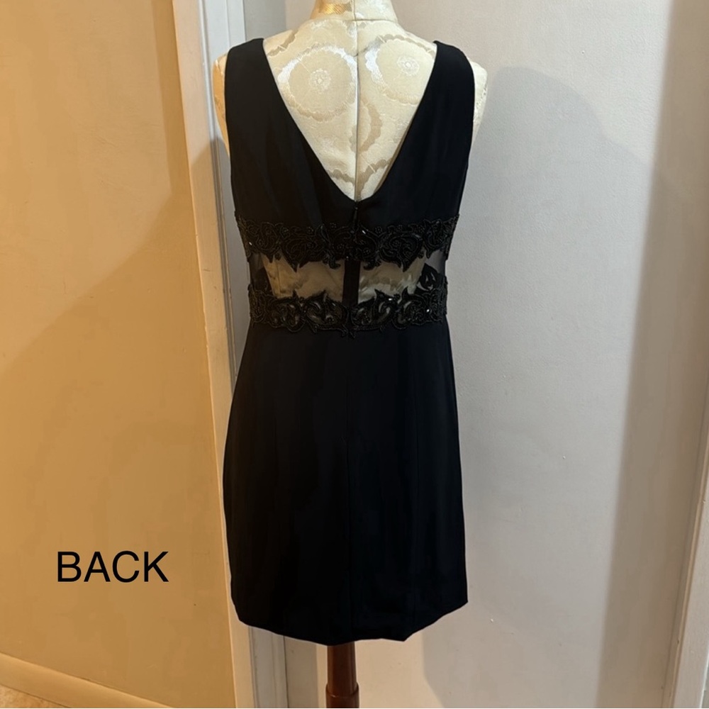 Cache Vintage LBD Sheer Sides Black Seed Beaded Chic Lined Midi Sheath Dress 8
